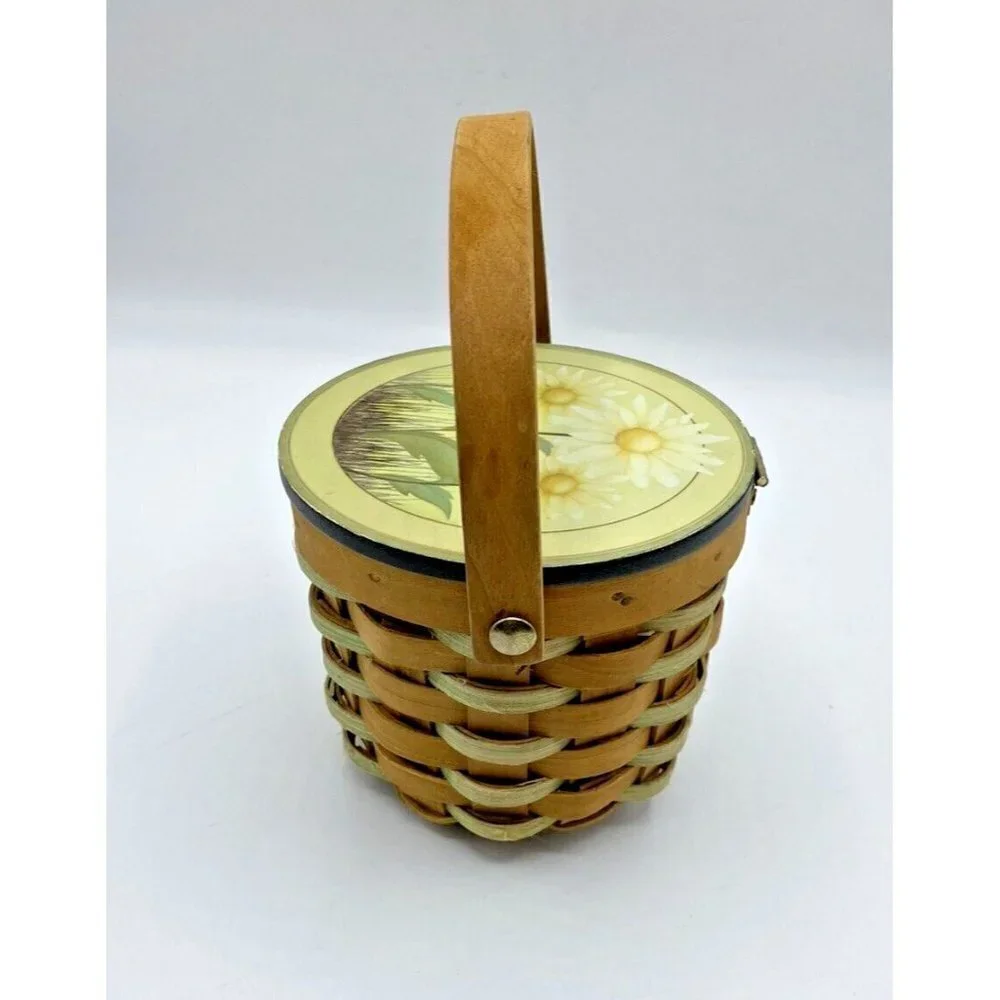 Sunflower Basket 3.75”x4.5” Handle Hinged Lid Woven Round Yellow Trinket Holder